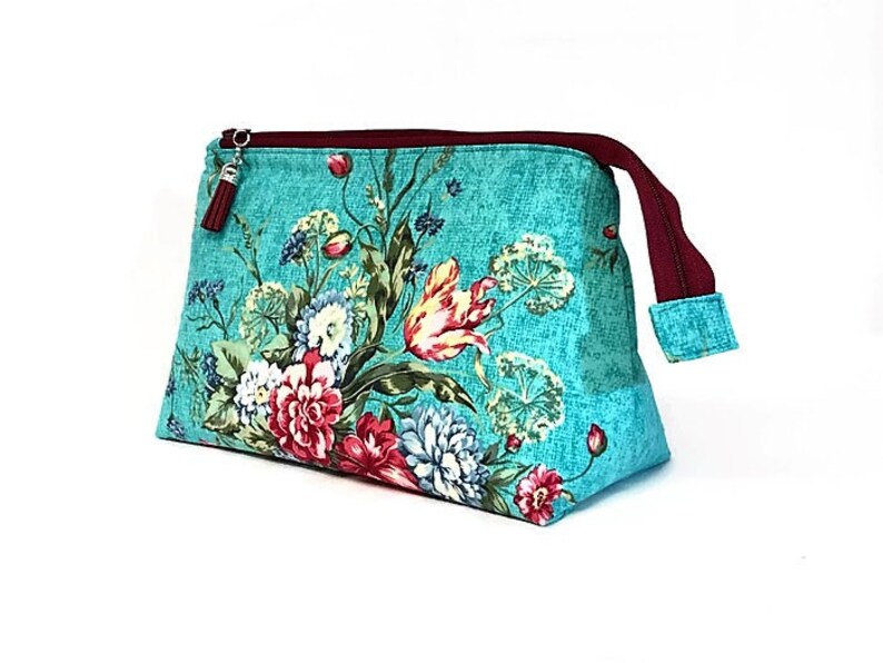 Large Teal Floral Makeup Bag Cosmetic Pouch Fabric Zip Bag Etsy