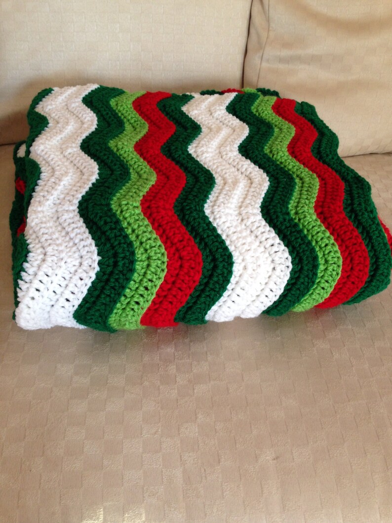 Christmas Colors Chevron Afghan Chevron Holiday Crochet Afghan Bright Green Red White Striped Design Throw Ripple Stitch Crochet Blanket