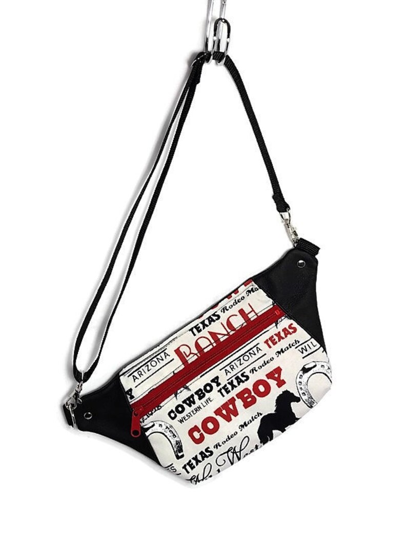 Waist Purse Fanny Pack Ladies Hip Bag Bum Bag Money Belt Adjustable Belt Bag Black Leather and Western Print Fabric Fanny Bag