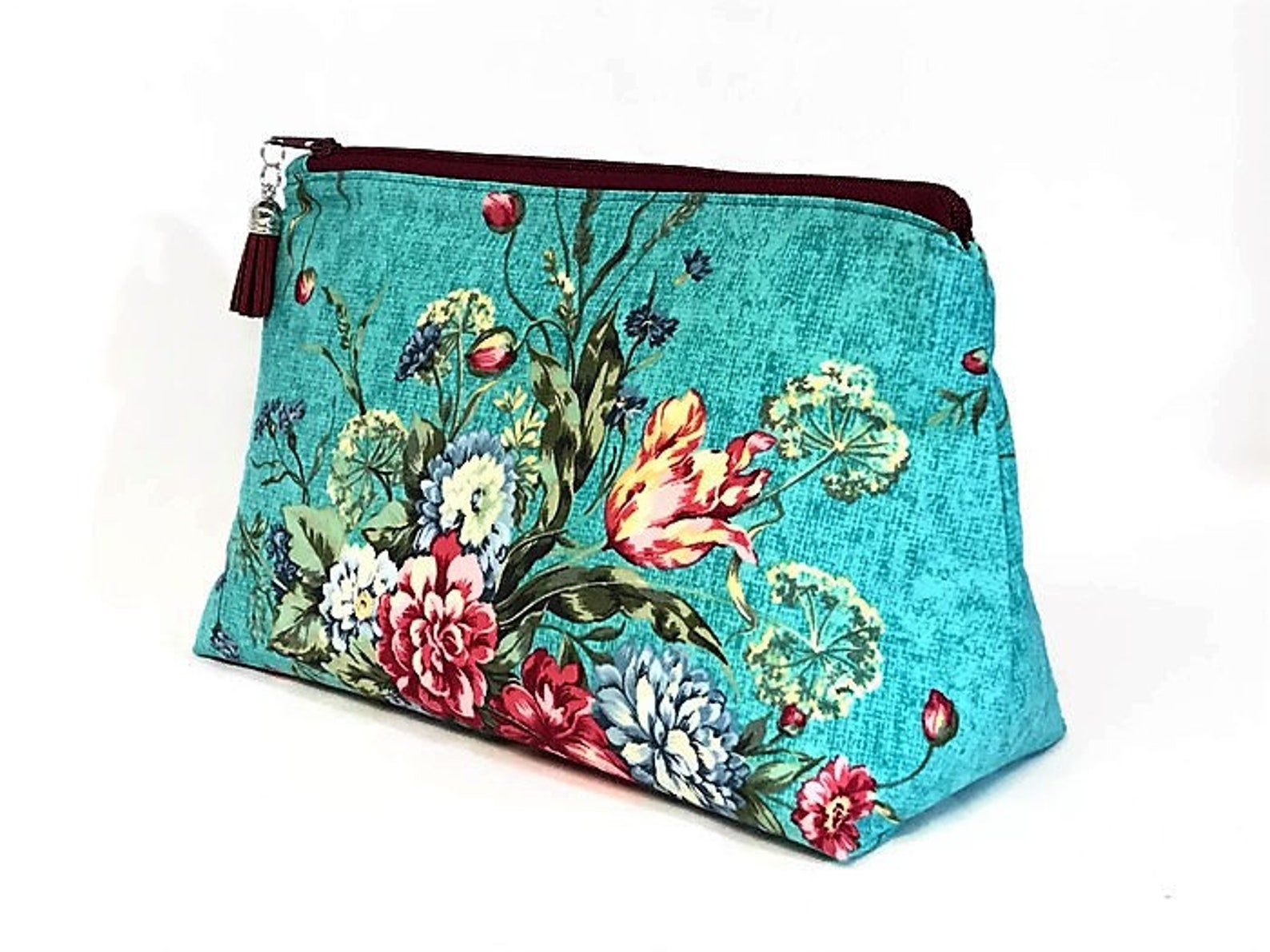 Large Teal Floral Makeup Bag Cosmetic Pouch Fabric Zip Bag Etsy