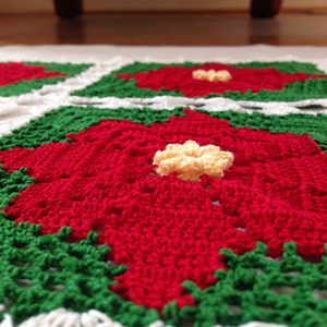 Holiday Poinsettia Table Runner, Rectangular Doily, Christmas Table Decor Doily, Red Green White Floral Motif Crocheted Table Top Decor image 4