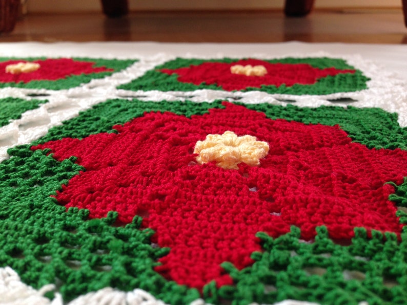 Holiday Poinsettia Table Runner, Rectangular Doily, Christmas Table Decor Doily, Red Green White Floral Motif Crocheted Table Top Decor image 4