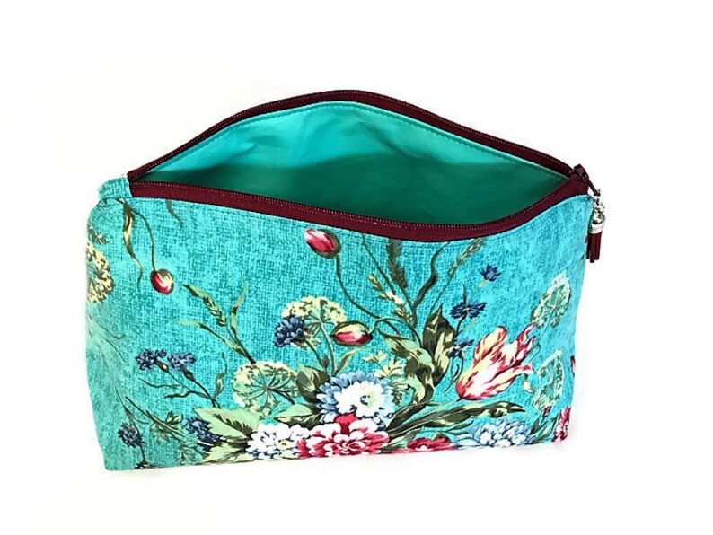 Large Teal Floral Makeup Bag Cosmetic Pouch Fabric Zip Bag Etsy