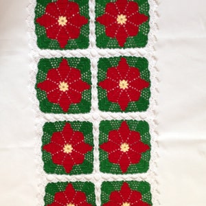 Holiday Poinsettia Table Runner, Rectangular Doily, Christmas Table Decor Doily, Red Green White Floral Motif Crocheted Table Top Decor image 1