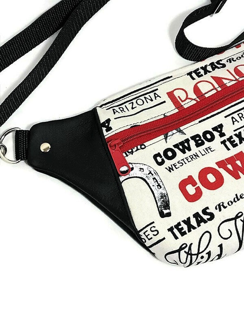 Waist Purse Fanny Pack Ladies Hip Bag Bum Bag Money Belt Adjustable Belt Bag Black Leather and Western Print Fabric Fanny Bag
