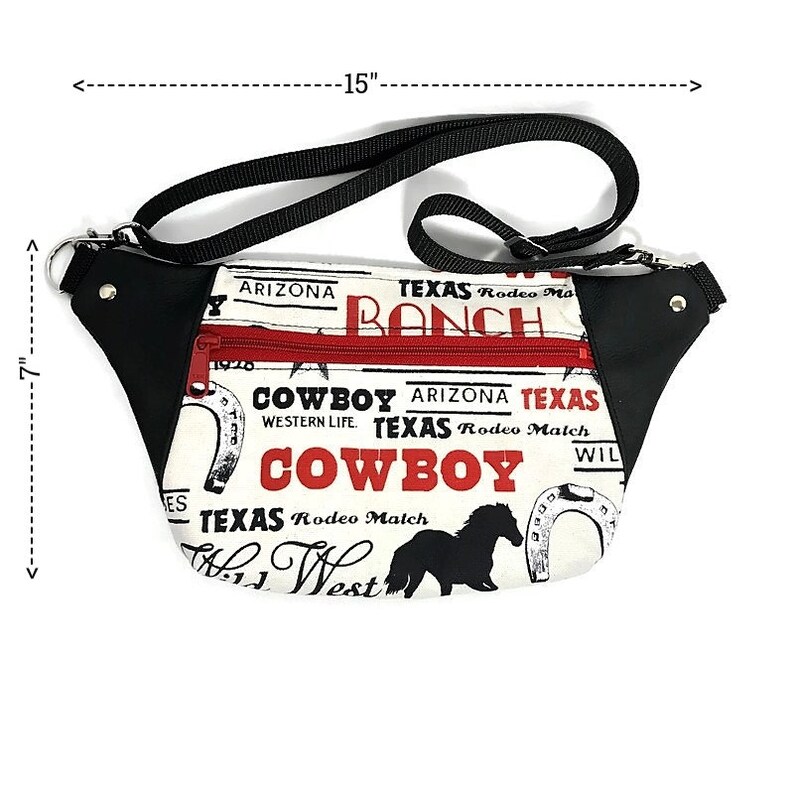 Waist Purse Fanny Pack Ladies Hip Bag Bum Bag Money Belt Adjustable Belt Bag Black Leather and Western Print Fabric Fanny Bag