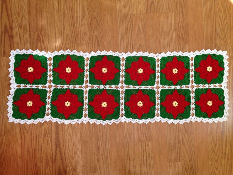 Holiday Poinsettia Table Runner, Rectangular Doily, Christmas Table Decor Doily, Red Green White Floral Motif Crocheted Table Top Decor image 2