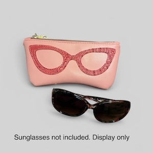 Sunglasses Case, Appliqué Design, Pink Case For Large Sunglasses, Vinyl Zip Top Case, Large Eyeglasses Case