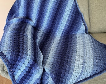 Blue Ombre Stripe Crochet Afghan, Multi Shades Design Throw, Striped Crochet Blanket, Diagonal Blue Stripe Design