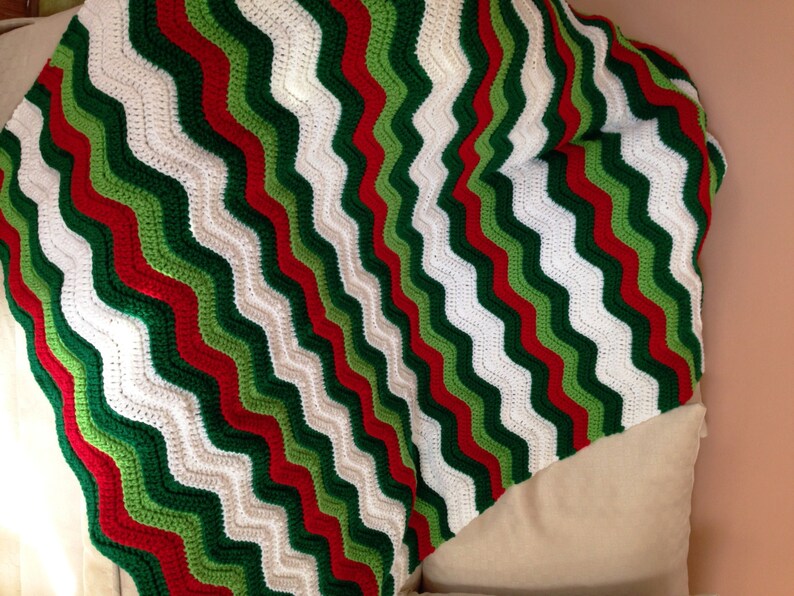 Christmas Colors Chevron Afghan Chevron Holiday Crochet Afghan Bright Green Red White Striped Design Throw Ripple Stitch Crochet Blanket
