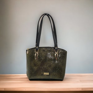 Faux Leather Purse, Black Gold Medium Shoulder Bag, Metallic Faux Leather Purse, Zip Top Bag, Domed Shaped Bag