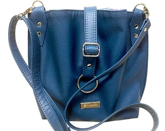 Blue Faux Leather Bucket Bag, Faux Leather Bag, Slouchy Hobo Crossbody, Adjustable Cross Body Strap, Snap Closure