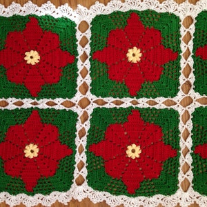 Holiday Poinsettia Table Runner, Rectangular Doily, Christmas Table Decor Doily, Red Green White Floral Motif Crocheted Table Top Decor image 3