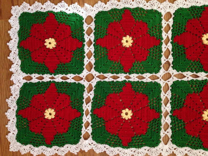 Holiday Poinsettia Table Runner, Rectangular Doily, Christmas Table Decor Doily, Red Green White Floral Motif Crocheted Table Top Decor image 3