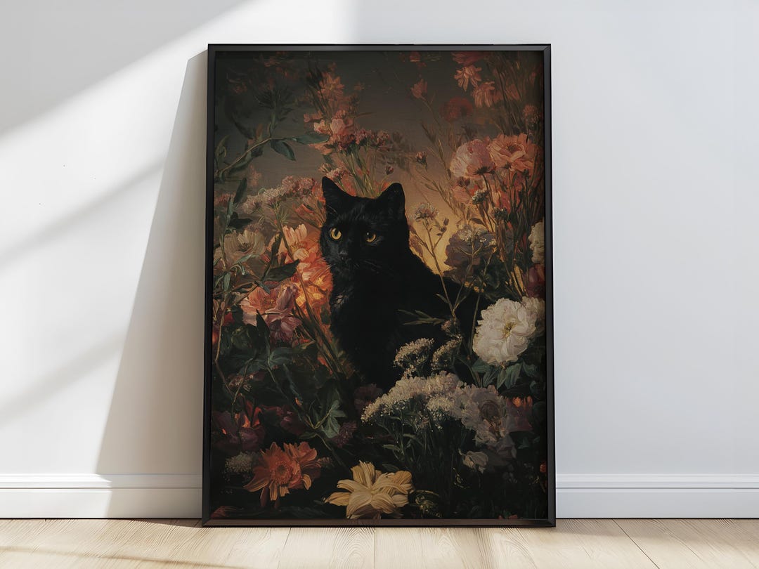 Dark Academia Black Cat Wildflowers Printable | Gothic Decor Wall Art ...
