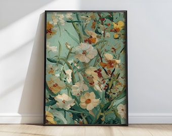 Botanical Floral Sage Green Oil Painting Printable Vintage Wall Art (Digital Download)