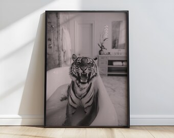 Tiger in Bathtub Quirky Bathroom Dopamine Pink Photo Decor (Digital Download)