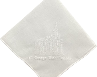 Handkerchiefs with LDS Temple embroidered in corner. Two lines of text included.