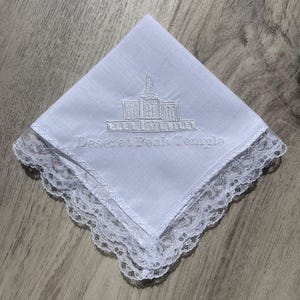 Handkerchiefs with LDS Temple embroidered in corner. Two lines of text included. Add personalization at checkout or message seller.