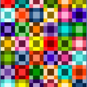 May include: A quilt featuring a grid pattern of multicoloured squares. The design consists of a repeating arrangement of various solid colours including red, orange, yellow, green, blue, purple, pink, and white, organised in a structured block layout.