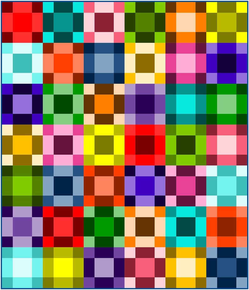May include: A quilt featuring a grid pattern of multicoloured squares. The design consists of a repeating arrangement of various solid colours including red, orange, yellow, green, blue, purple, pink, and white, organised in a structured block layout.