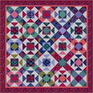 May include: A square quilt featuring a repeating block pattern of multi-colored fabric squares and triangles. The design includes shades of pink, teal, navy blue, and light purple, set against a light gray background with a floral border.