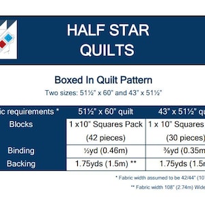 May include: A Half Star Quilts Boxed In Quilt Pattern information sheet. It lists two sizes: 51.5 inches by 60 inches and 43 inches by 51.5 inches. The table details fabric requirements for blocks, binding, and backing in inches and yards.