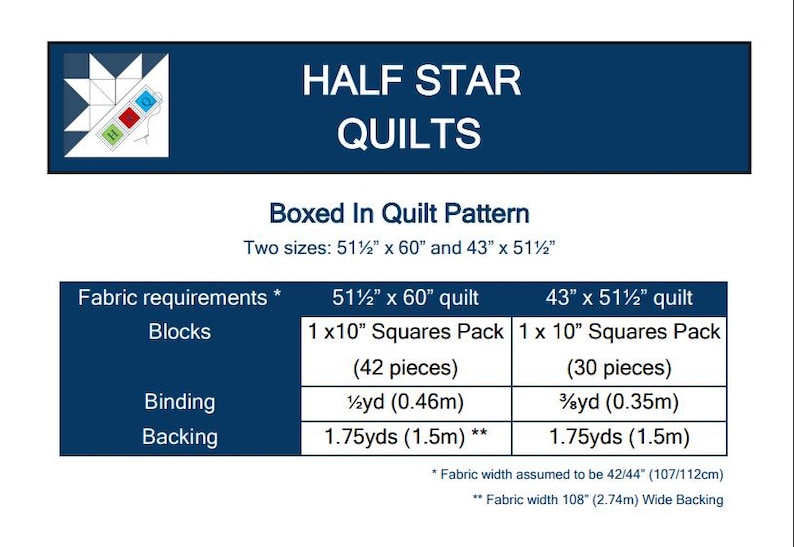 May include: A Half Star Quilts Boxed In Quilt Pattern information sheet. It lists two sizes: 51.5 inches by 60 inches and 43 inches by 51.5 inches. The table details fabric requirements for blocks, binding, and backing in inches and yards.