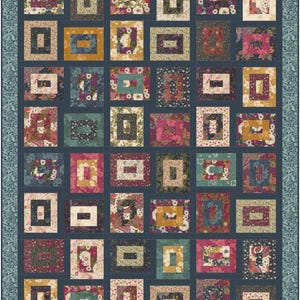 May include: A rectangular quilt featuring a grid of nested rectangular blocks in various floral and paisley patterns. The colour palette includes shades of deep blue, mustard yellow, magenta, cream, and teal, finished with a dark blue floral border.