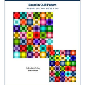 May include: A digital document titled HALF STAR QUILTS Boxed In Quilt Pattern. It displays two colourful grid-based quilt designs in varying sizes of 130.8 cm by 152.4 cm and 109.2 cm by 130.8 cm, featuring a multi-coloured square block pattern.