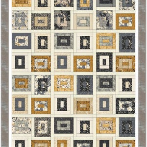 May include: A rectangular quilt featuring a grid of square blocks in shades of mustard yellow, charcoal grey, and cream. Each block contains a central rectangle surrounded by a frame, separated by cream sashing, with a wide grey border.