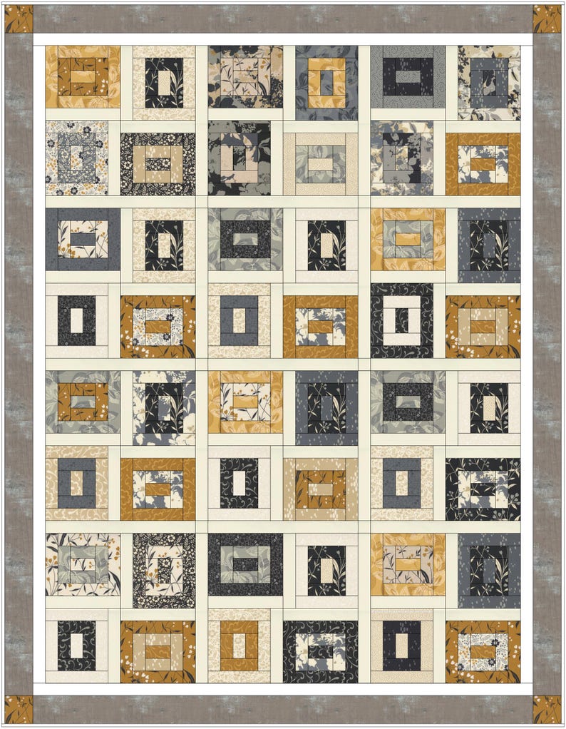 May include: A rectangular quilt featuring a grid of square blocks in shades of mustard yellow, charcoal grey, and cream. Each block contains a central rectangle surrounded by a frame, separated by cream sashing, with a wide grey border.