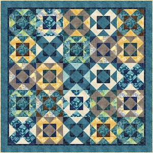 May include: A square quilt featuring a repeating geometric block pattern in shades of teal, navy blue, cream, and golden yellow. The fabric displays nautical motifs including anchors, seashells, and ship wheels, bordered by a dark teal frame.