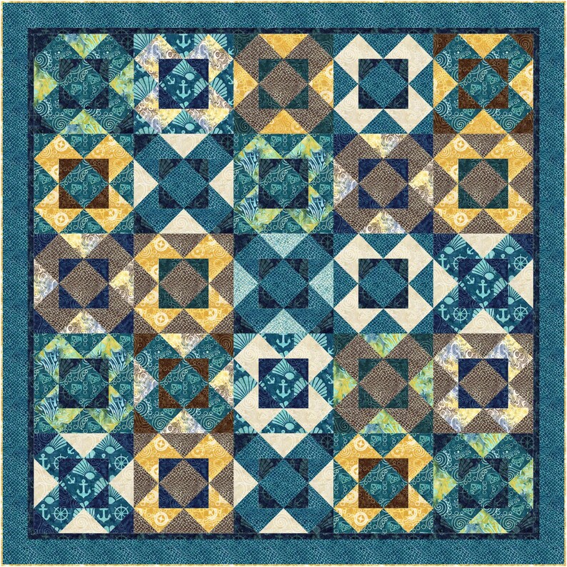 May include: A square quilt featuring a repeating geometric block pattern in shades of teal, navy blue, cream, and golden yellow. The fabric displays nautical motifs including anchors, seashells, and ship wheels, bordered by a dark teal frame.