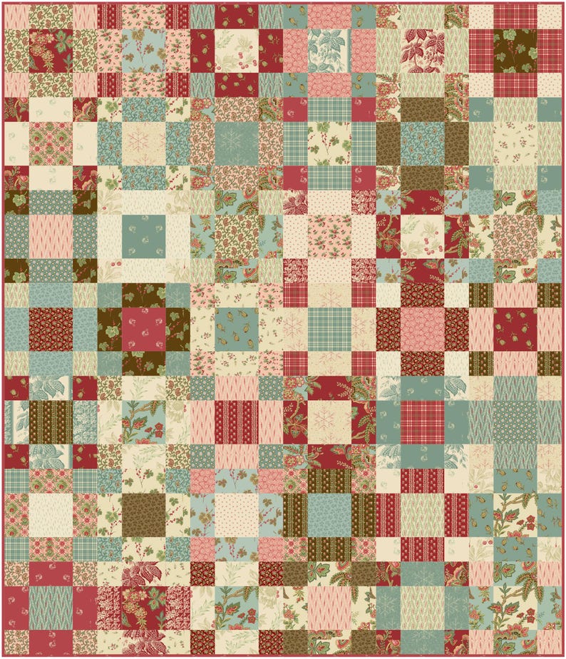 May include: A patchwork quilt featuring a grid of square fabric blocks in a colour palette of deep red, sage green, cream, and soft pink. The blocks display various patterns including floral prints, small geometric shapes, plaids, and stripes.