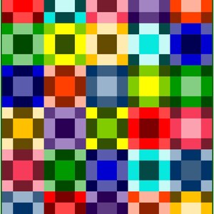 May include: A quilt featuring a grid of multicoloured squares in shades of red, orange, yellow, green, blue, purple, pink, and brown. Each square is composed of a central block surrounded by a border of smaller squares, creating a repeating pattern.