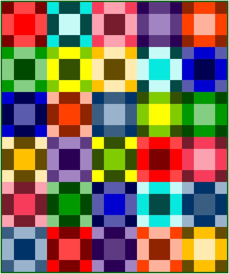 May include: A quilt featuring a grid of multicoloured squares in shades of red, orange, yellow, green, blue, purple, pink, and brown. Each square is composed of a central block surrounded by a border of smaller squares, creating a repeating pattern.