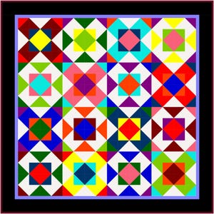 May include: A square quilt featuring a repeating geometric pattern of sixteen blocks. Each block consists of a central square surrounded by four triangles in a variety of vibrant colors including red, yellow, blue, green, orange, pink, and white.