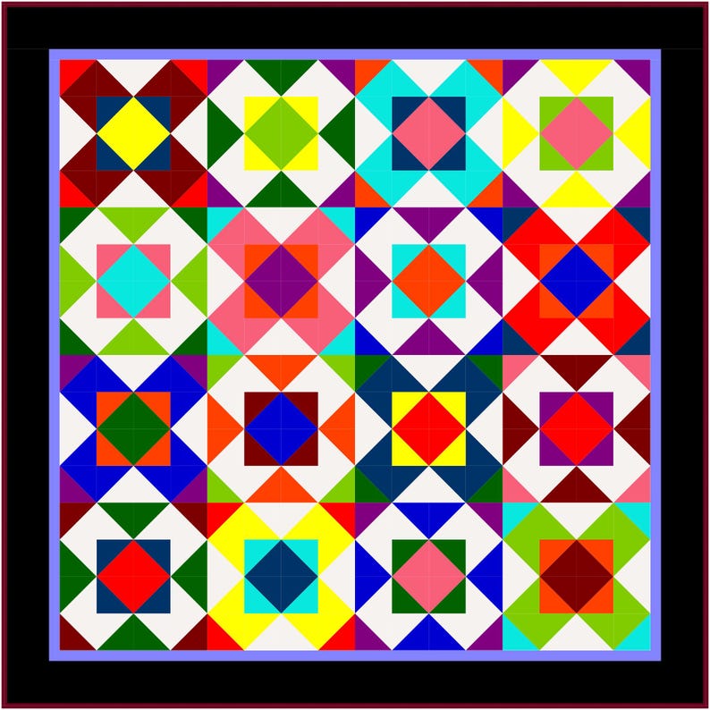 May include: A square quilt featuring a repeating geometric pattern of sixteen blocks. Each block consists of a central square surrounded by four triangles in a variety of vibrant colors including red, yellow, blue, green, orange, pink, and white.