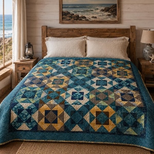 May include: A quilt featuring a patchwork design in shades of blue, teal, and gold. The fabric pattern includes nautical motifs such as anchors, seashells, and ship wheels arranged in a repeating geometric block layout with a dark blue border.