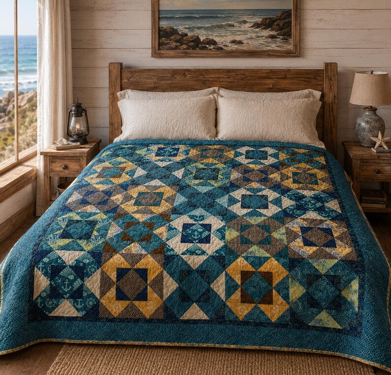 May include: A quilt featuring a patchwork design in shades of blue, teal, and gold. The fabric pattern includes nautical motifs such as anchors, seashells, and ship wheels arranged in a repeating geometric block layout with a dark blue border.
