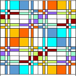 K&ouml;nnte beinhalten: Abstrakte geometrische Kunst mit einem Raster aus sich kreuzenden schwarzen Linien. Das Raster ist mit rechteckigen Formen in leuchtenden Farben gef&uuml;llt: Orange, Gelb, Blau, T&uuml;rkis, Lila und Rot, vor einem wei&szlig;en Hintergrund. Modernes, farbenfrohes Design.