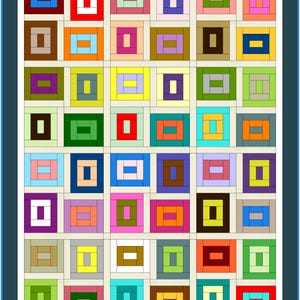 May include: A rectangular quilt featuring a grid of multicoloured log cabin blocks. Each block consists of a central rectangle surrounded by concentric rectangular strips in various shades of red, blue, green, yellow, orange, purple, brown, and pink, separated by thin white sashing and framed by a dark blue border with green corner squares.