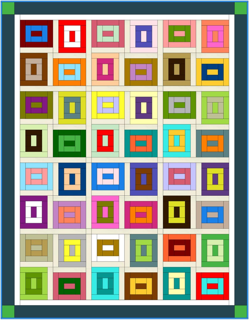 May include: A rectangular quilt featuring a grid of multicoloured log cabin blocks. Each block consists of a central rectangle surrounded by concentric rectangular strips in various shades of red, blue, green, yellow, orange, purple, brown, and pink, separated by thin white sashing and framed by a dark blue border with green corner squares.