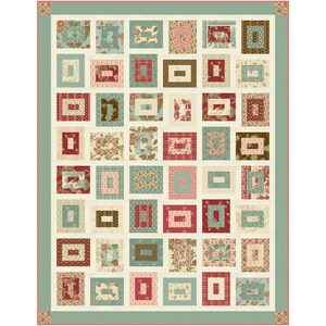 May include: A rectangular quilt featuring a grid of square blocks, each containing a smaller centred rectangle. The fabric patterns include floral, plaid, and geometric prints in shades of red, sage green, cream, and brown, framed by a solid green border.