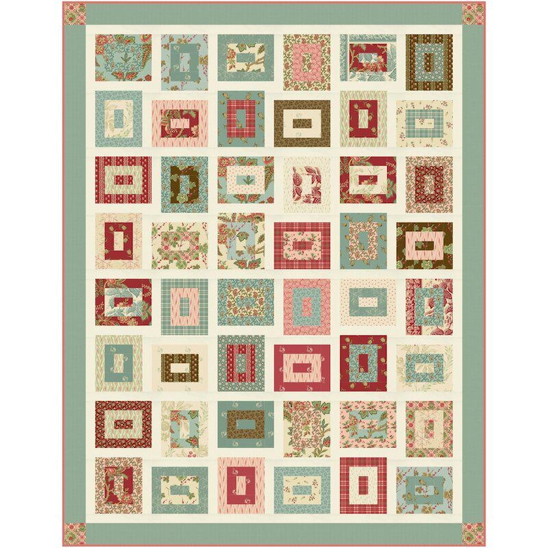 May include: A rectangular quilt featuring a grid of square blocks, each containing a smaller centred rectangle. The fabric patterns include floral, plaid, and geometric prints in shades of red, sage green, cream, and brown, framed by a solid green border.