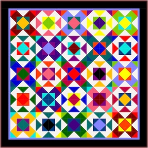 May include: A square quilt featuring a repeating geometric pattern of multi-colored blocks. Each block consists of a central square surrounded by four triangles, creating a vibrant grid of red, blue, yellow, green, purple, and white colors.