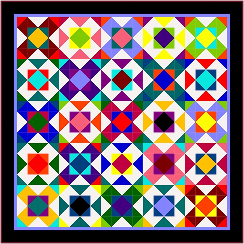 May include: A square quilt featuring a repeating geometric pattern of multi-colored blocks. Each block consists of a central square surrounded by four triangles, creating a vibrant grid of red, blue, yellow, green, purple, and white colors.