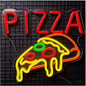 May include: A neon sign with the word "PIZZA" in red capital letters above a slice of pizza. The pizza slice has yellow, orange, red, and green details. The sign is mounted on a black grid background.
