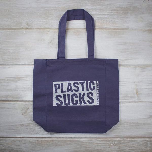 PLASTIC SUCKS - Reusable, Canvas, Recycle, Grocery, screenprinted tote bag